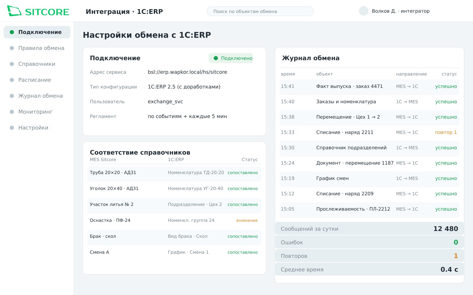 Интерфейс настроек обмена с 1С